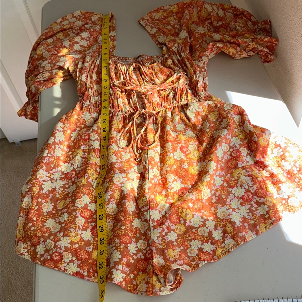 Free People Orange & Cream Smocked Romper Size Medium - Picture 9 of 16